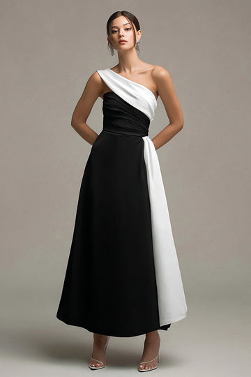 Black White Satin One Shoulder A Line Long Formal Dress